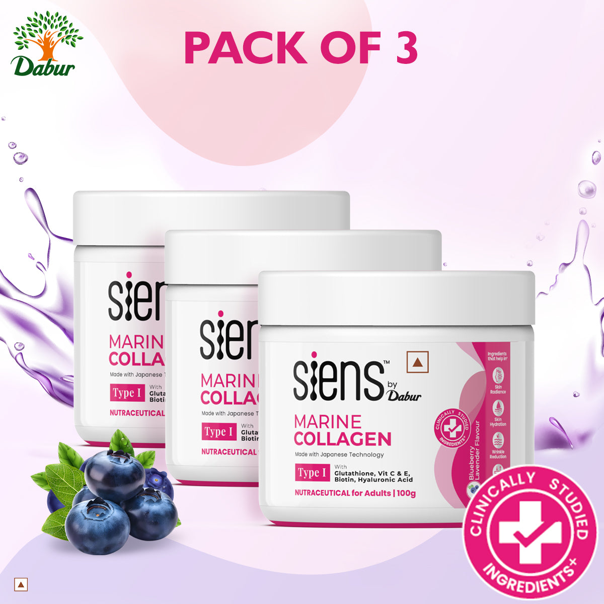 Siens By Dabur Hydrolyzed Marine Collagen | Powder with Glutathione, Hyaluronic Acid, Vitamin C Blueberry Lavender