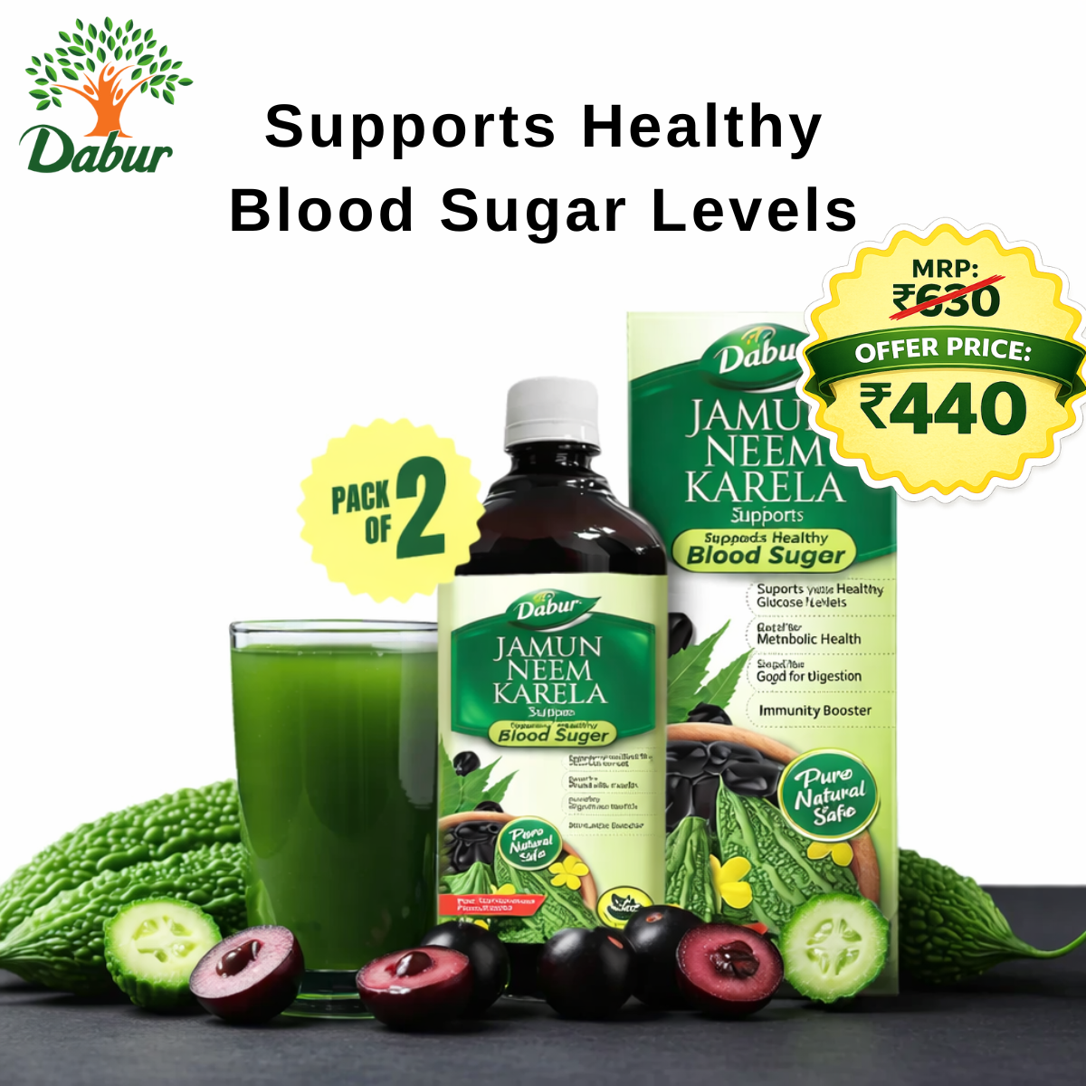 Dabur Jamun Neem Karela Juice | Control Blood Sugar Levels and Bad Cholesterol | Metabolic & Digestive | Diabetic Care