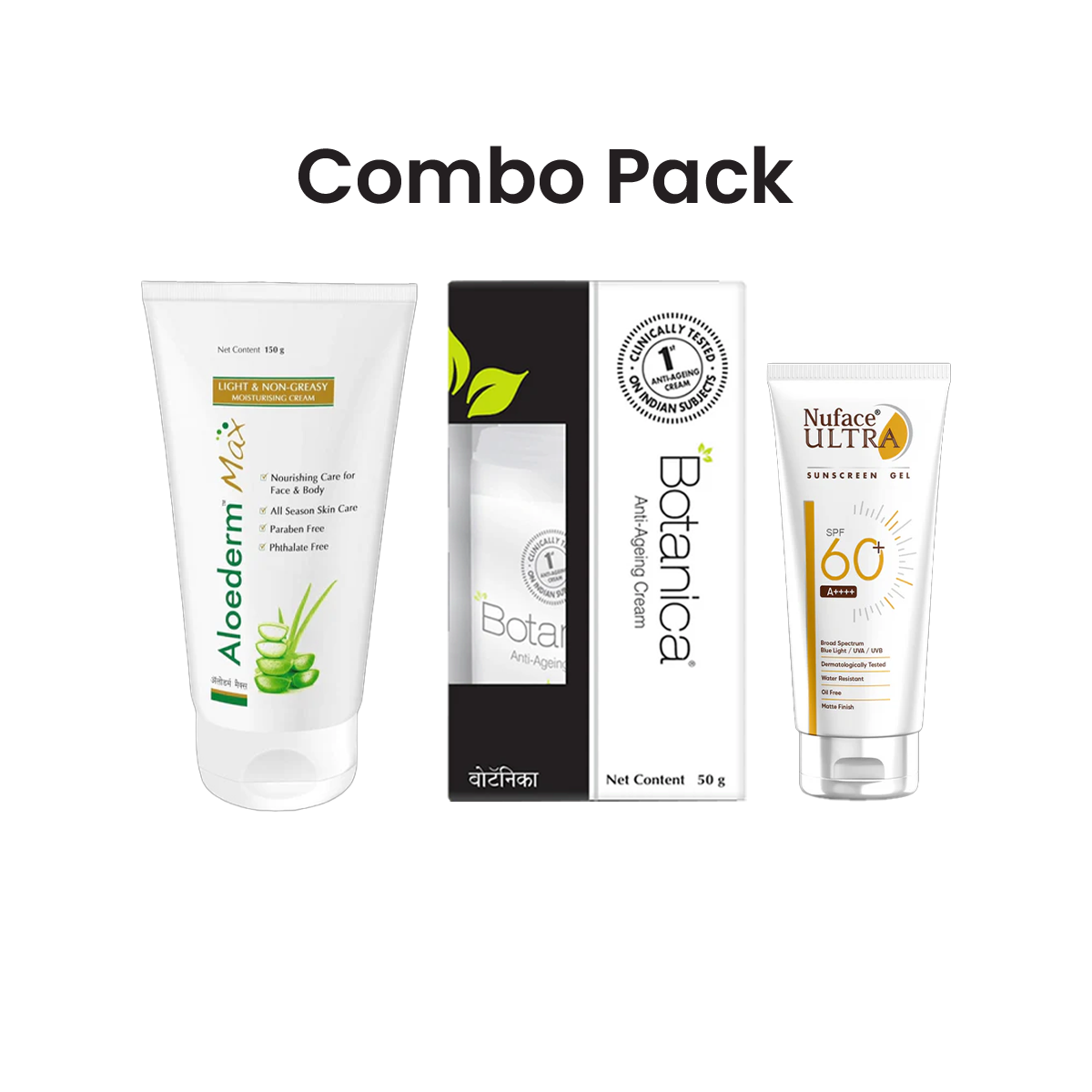 Aloederm Max Mositurising Cream (150g) + Nuface Ultra Sunscreen (50g) + Botanica Anti Ageing Cream (50g)
