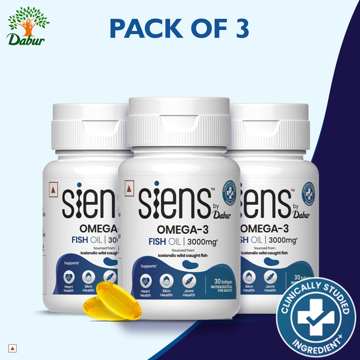 Siens By Dabur Omega-3 Capsules with Fish Oil | 180mg EPA & 120mg DHA | 30 soft gels | Supports Heart, Skin & Joint Health