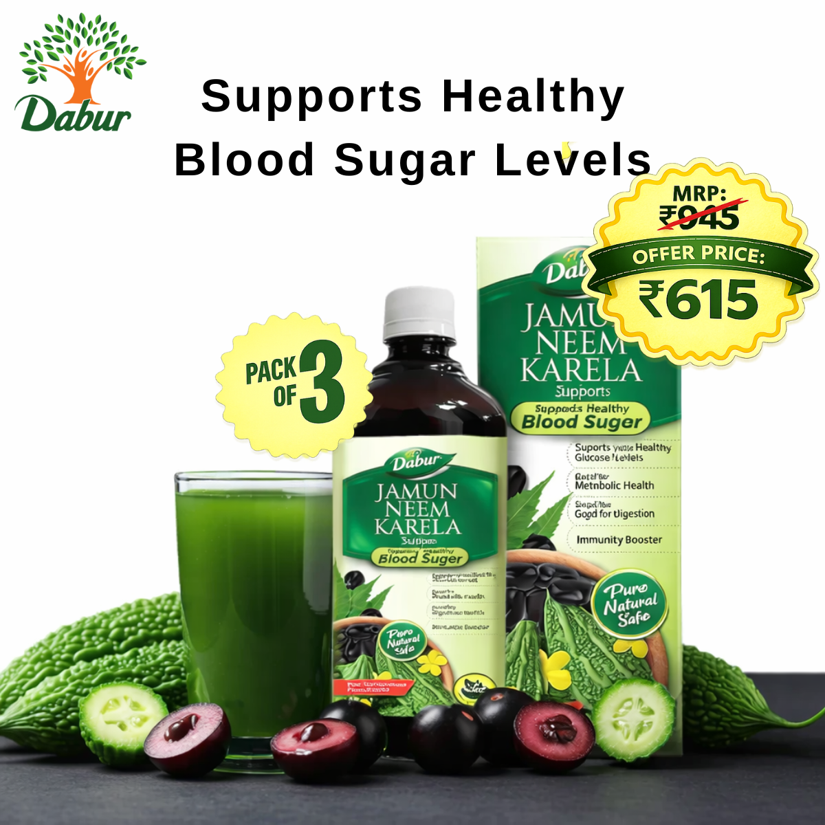 Dabur Jamun Neem Karela Juice | Control Blood Sugar Levels and Bad Cholesterol | Metabolic & Digestive | Diabetic Care