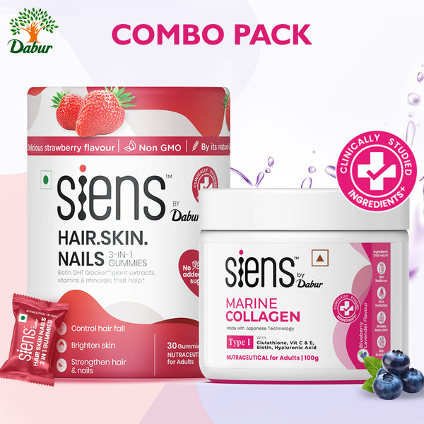 Siens by Dabur Skin Glow & Hair Growth Combo: Hydrolyzed Marine Collagen, 100 g + Hair, Skin & Nails Gummies, 30s pack