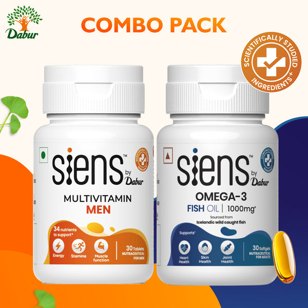 Siens by Dabur Advanced Daily Wellness Combo – Omega-3 Fish Oil Capsules + Multivitamin Tablets | Supports Cardiovascular, Brain & Joint Health | Immunity, Energy & Muscle Support