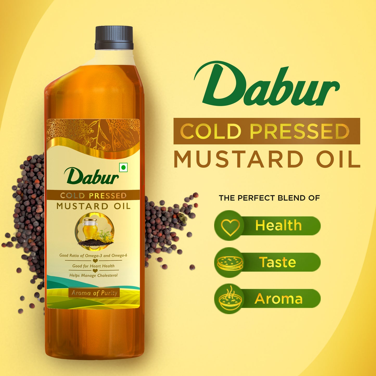 Dabur Cold Pressed Mustard Oil 1L x 2 – Heart-Friendly & Chemical-Free Cooking Oil