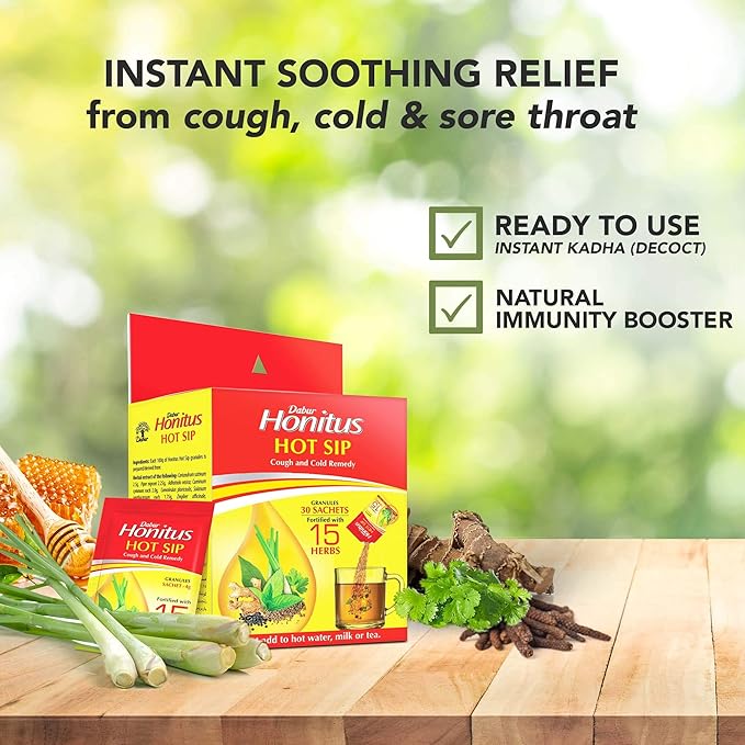 Dabur Health Essentials Pack – Tulsi Drops 30ml, Honey 100g, Honitus Hot Sip 30Nx4g