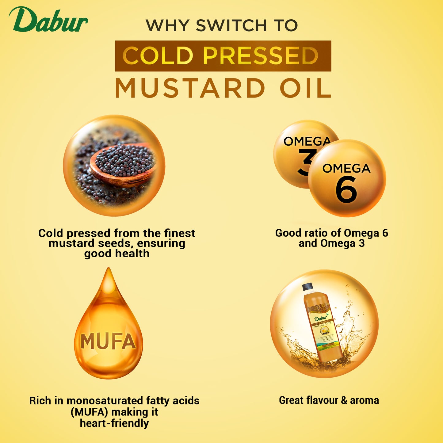 Dabur Cold Pressed Mustard Oil 1L x 2 – Heart-Friendly & Chemical-Free Cooking Oil