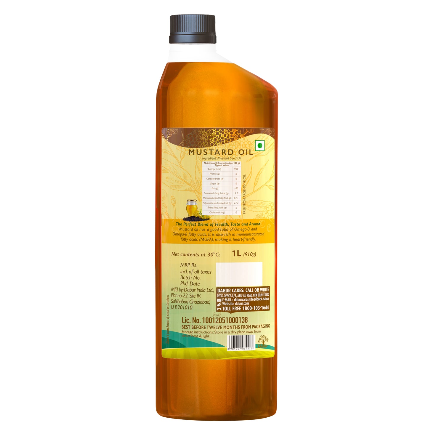 Dabur Cold Pressed Mustard Oil 1L x 2 – Heart-Friendly & Chemical-Free Cooking Oil