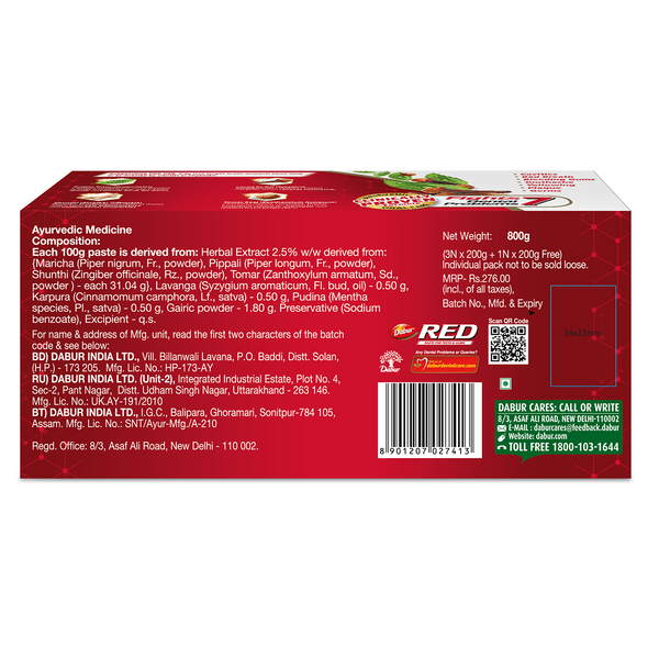 Dabur Red Toothpaste (Buy 3 Get 1 Free) | Fluoride-Free | World's No.1 Ayurvedic Paste | Germ & Cavity Protection
