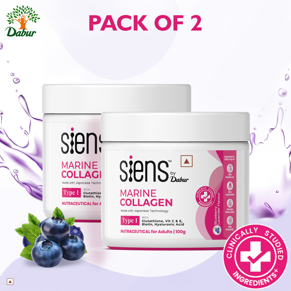 Siens By Dabur Hydrolyzed Marine Collagen | Powder with Glutathione, Hyaluronic Acid, Vitamin C Blueberry Lavender