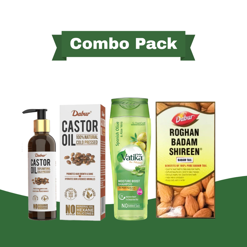 Dabur Vatika Bio Infusions Moisture Bomb Shampoo 400ml + Roghan Badam Shireen (100ml) + Dabur Castor Oil 200ml