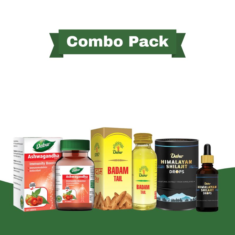 Dabur Ashwagandha Tablets 60 Tabs + Dabur Badam Tail 100ml + Dabur Himalayan Pure Shilajit Drops 30ml
