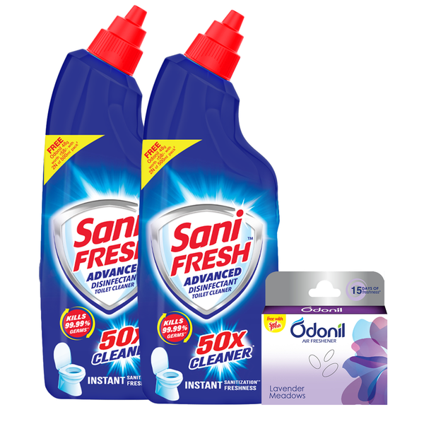 Sani Fresh Advance Disinfectant Toilet Cleaner Liquid, 500ml + 500ml + 48g Odonil Block FREE