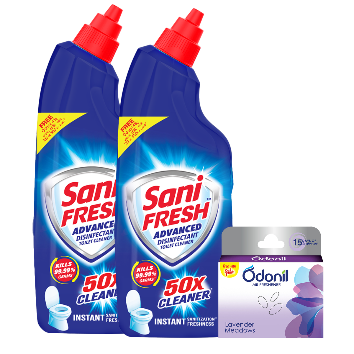 Sani Fresh Advance Disinfectant Toilet Cleaner Liquid, 500ml + 500ml + 48g Odonil Block FREE