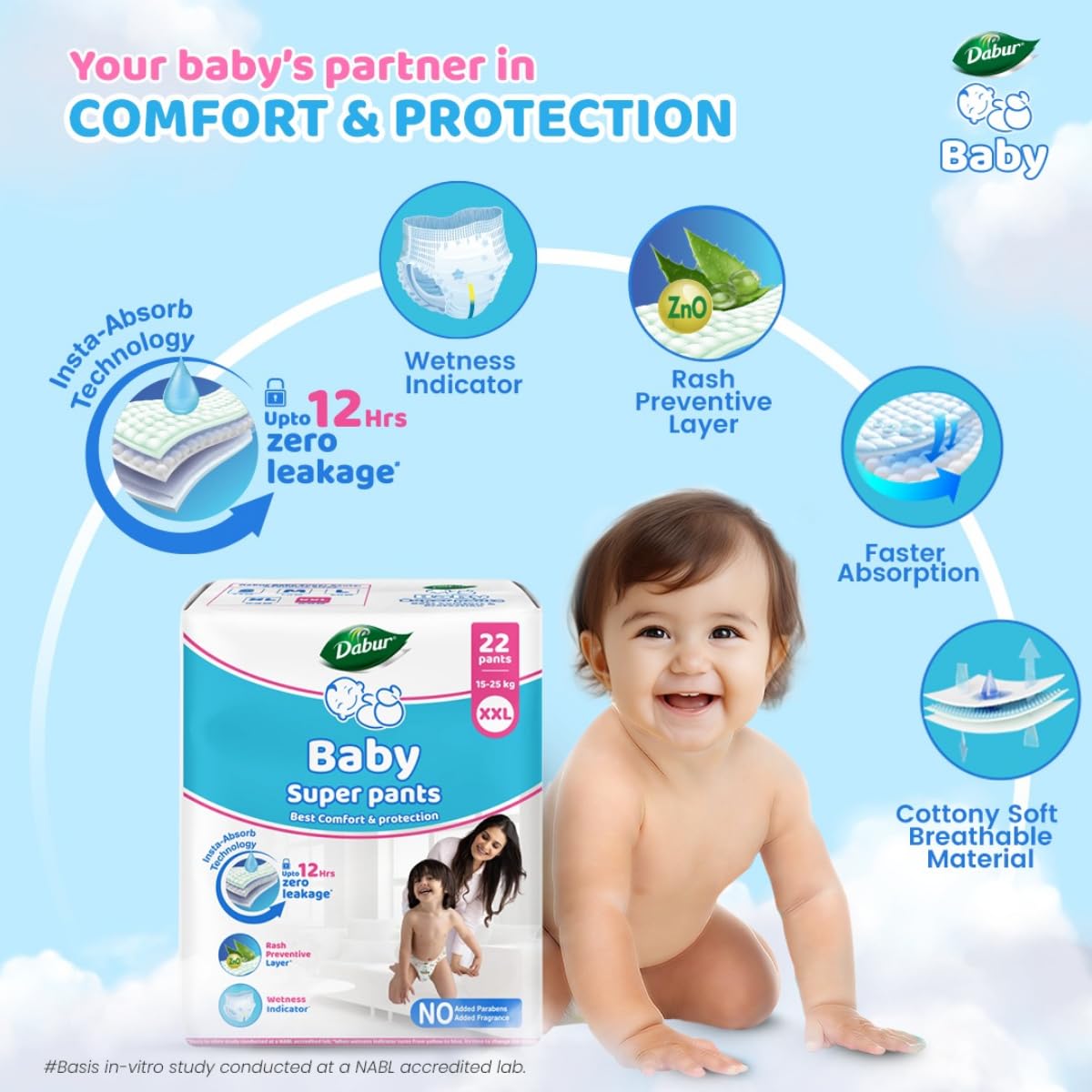Dabur Baby Super Pants M Size – 22 Pants x 3 Packs | Ultra Soft & Dry