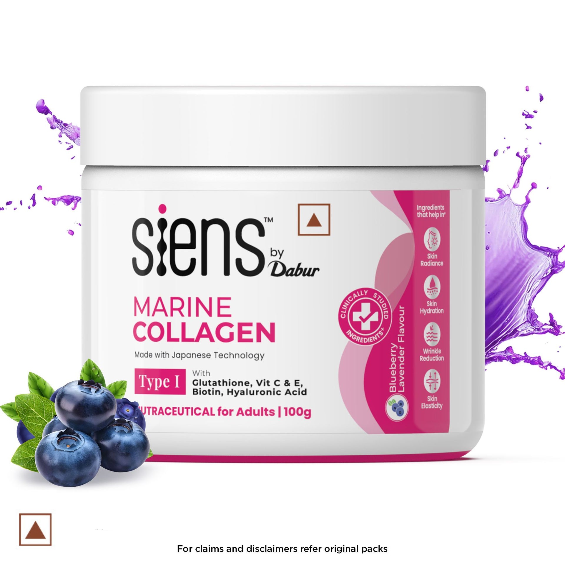 Buy Siens By Dabur Hydrolyzed Marine Collagen 100 gm - Powder with Glutathione, Hyaluronic Acid & Vitamin C Blueberry Lavender