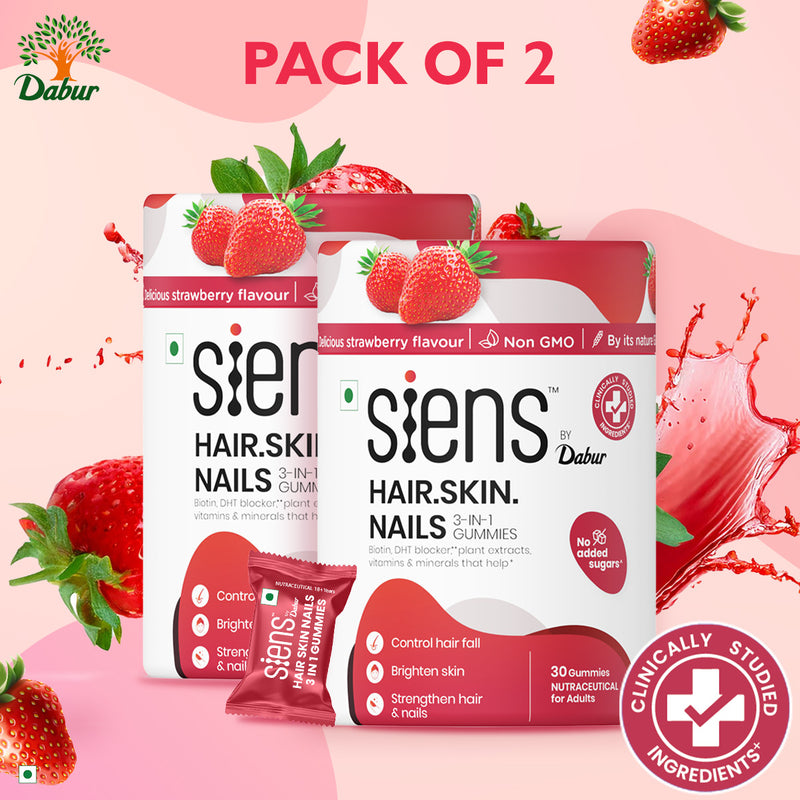Siens By Dabur Hair, Skin & Nails (3 in 1 Gummies) | Brightens Skin, Control Hairfall, Strengthens Hair & Nails