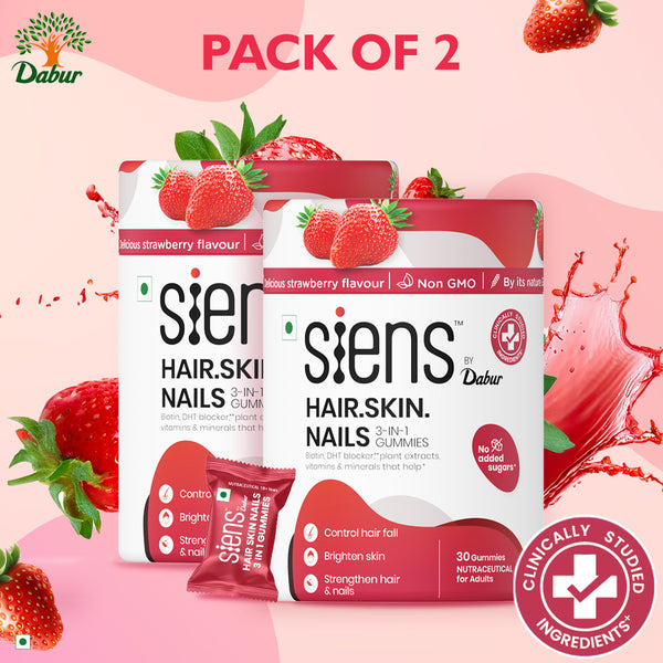 Siens By Dabur Hair, Skin & Nails (3 in 1 Gummies) | Brightens Skin, Control Hairfall, Strengthens Hair & Nails