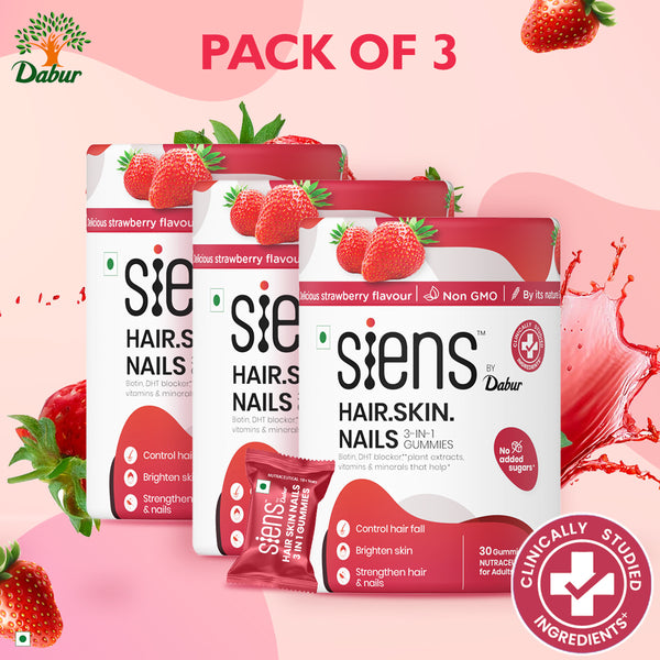 Siens By Dabur Hair, Skin & Nails (3 in 1 Gummies) | Brightens Skin, Control Hairfall, Strengthens Hair & Nails