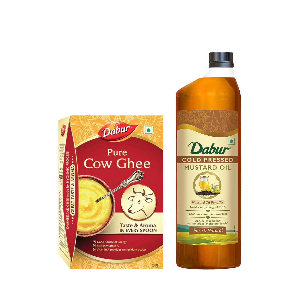 Dabur Cold Pressed Mustard Oil 1L+ Daanedaar Cow Ghee – 900ML | Authentic Taste & Health