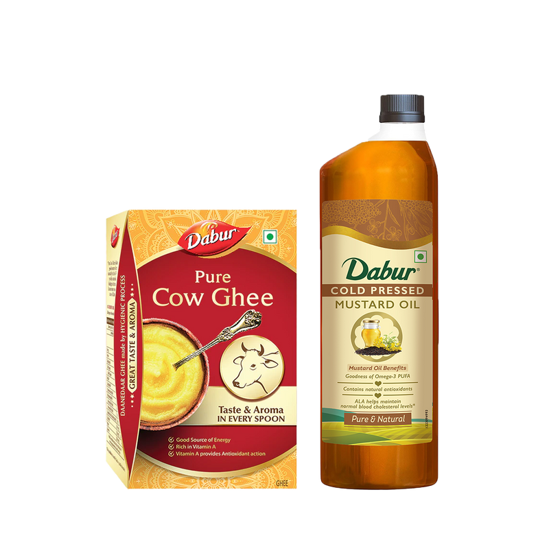 Dabur Cold Pressed Mustard Oil 1L+ Daanedaar Cow Ghee – 900ML | Authentic Taste & Health