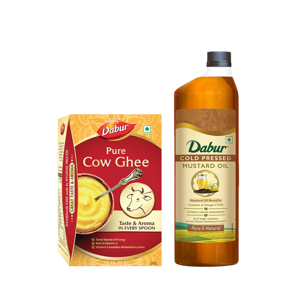 Dabur Cold Pressed Mustard Oil 1L+ Daanedaar Cow Ghee – 900ML | Authentic Taste & Health