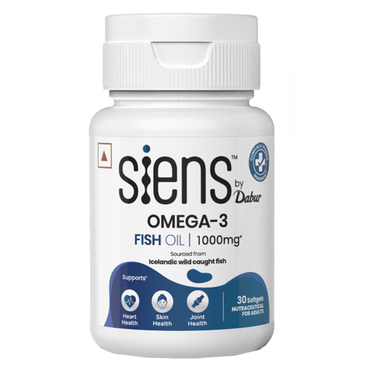 Siens By Dabur Omega-3 Capsules with Fish Oil | 180mg EPA & 120mg DHA | 30 soft gels | Supports Heart, Skin & Joint Health