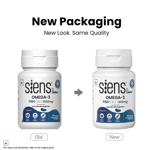 Siens By Dabur Omega-3 Capsules with Fish Oil | 180mg EPA & 120mg DHA | 30 soft gels | Supports Heart, Skin & Joint Health