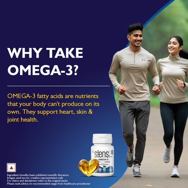 Siens By Dabur Omega-3 Capsules with Fish Oil | 180mg EPA & 120mg DHA | 30 soft gels | Supports Heart, Skin & Joint Health