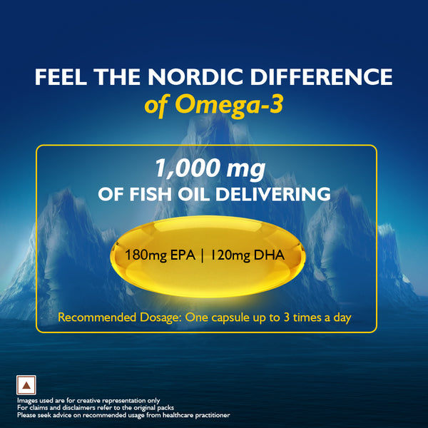 Siens By Dabur Omega-3 Capsules with Fish Oil | 180mg EPA & 120mg DHA | 30 soft gels | Supports Heart, Skin & Joint Health