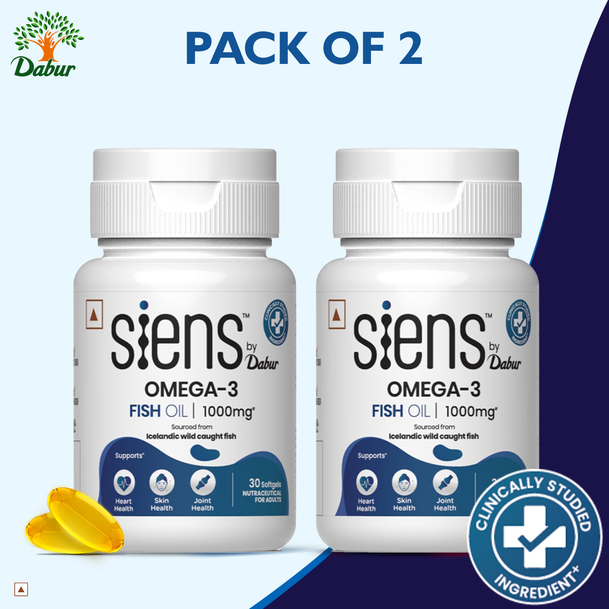 Siens By Dabur Omega-3 Capsules with Fish Oil | 180mg EPA & 120mg DHA | 30 soft gels | Supports Heart, Skin & Joint Health