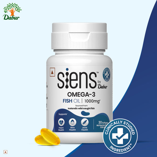 Siens By Dabur Omega-3 Capsules with Fish Oil | 180mg EPA & 120mg DHA | 30 soft gels | Supports Heart, Skin & Joint Health