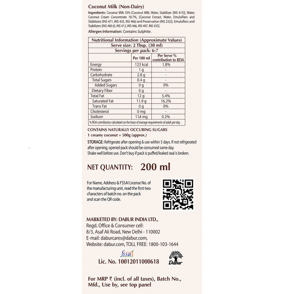 Dabur Hommade Coconut Milk 200ml | 2 Creamy Coconuts