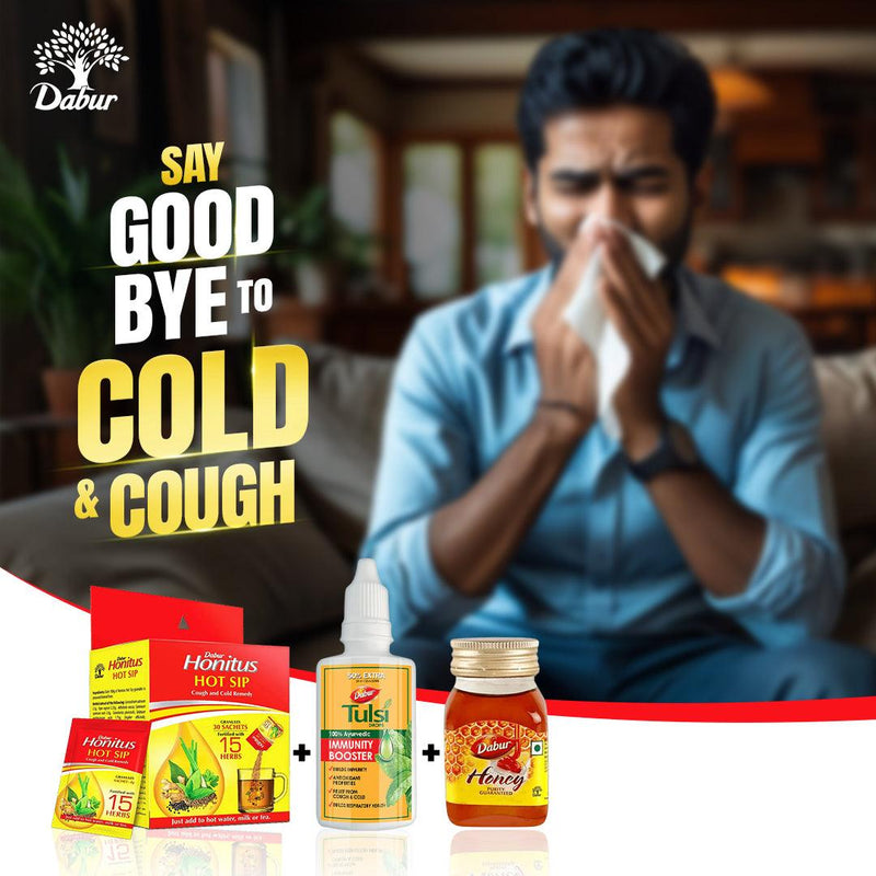 Dabur Health Essentials Pack – Tulsi Drops 30ml, Honey 100g, Honitus Hot Sip 30Nx4g