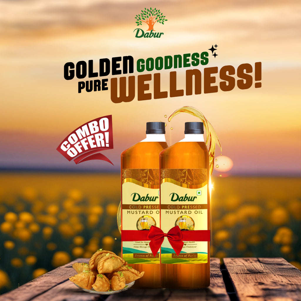 Dabur Cold Pressed Mustard Oil 1L x 2 – Heart-Friendly & Chemical-Free Cooking Oil