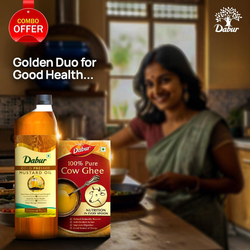 Dabur Cold Pressed Mustard Oil 1L+ Daanedaar Cow Ghee – 900ML | Authentic Taste & Health
